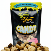 Black Yum Yum Bag with coffee bean shaped gummies in front